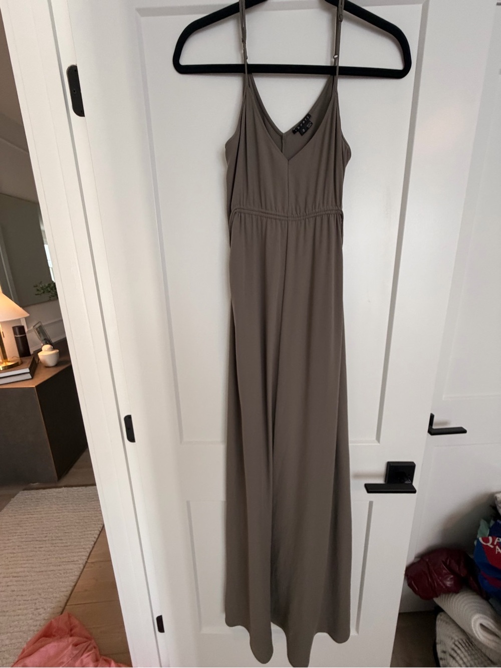 Theory Olive-Taupe Maxi Dress with Spaghetti Straps